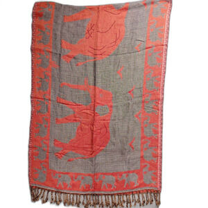 Elephant Red/Orange & Gray Reversible Pashmina Scarf Shawl Wrap 76” x 27” Fringe